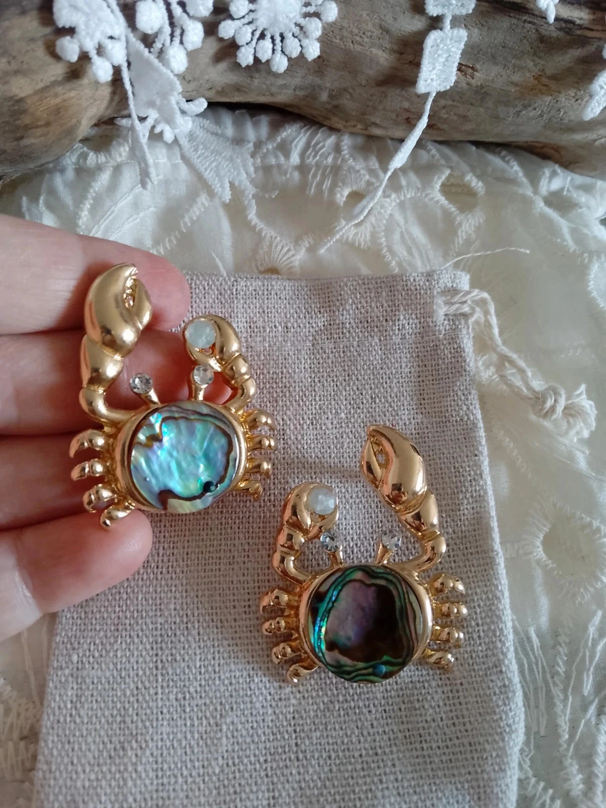 Boucles d'oreilles bohèmes crabes avec pierres naturelles aigue marine et abalone ormeaux – photo 3